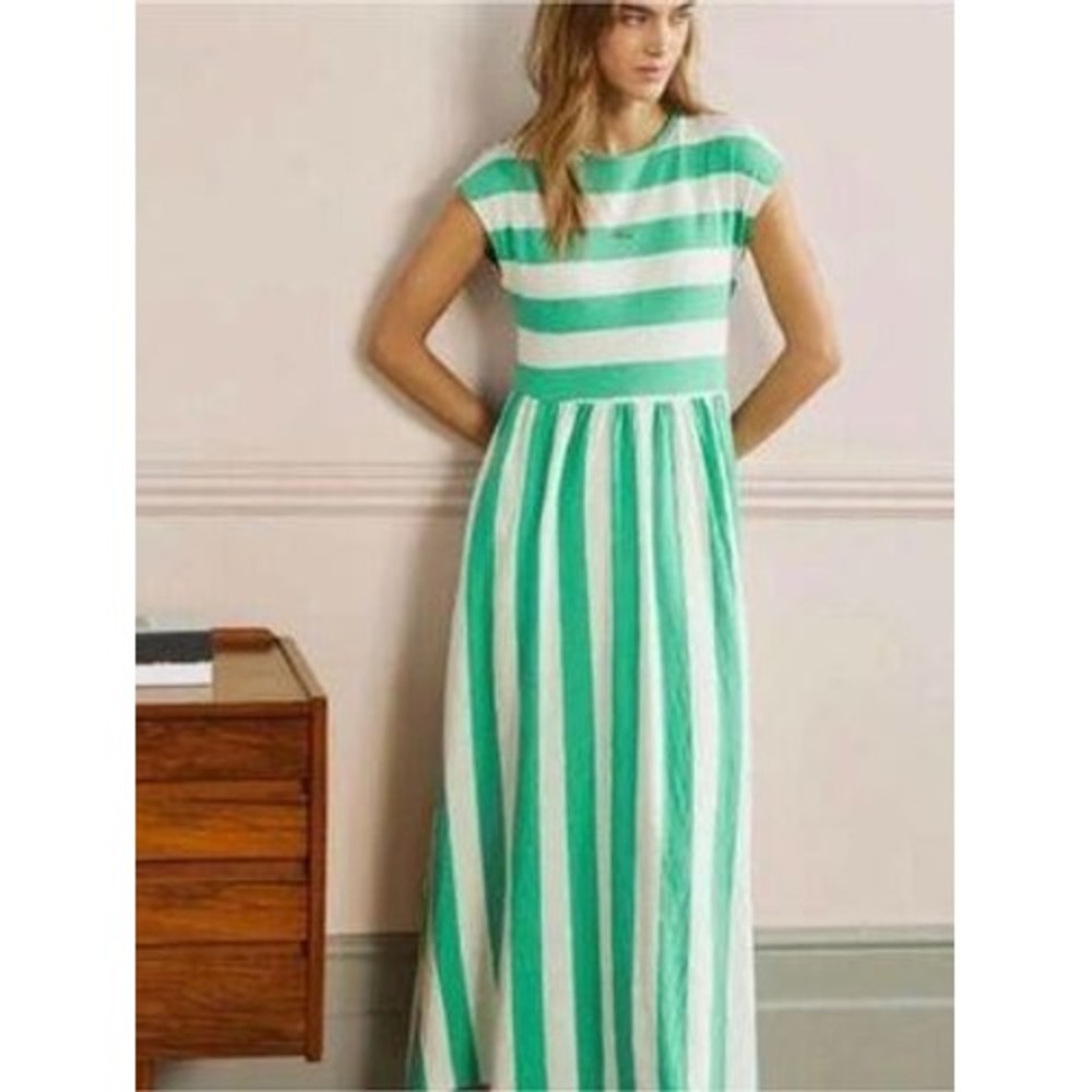 Boden Maxi Dress Women 12L Green White Striped Cotton Slub Sleeveless D0077